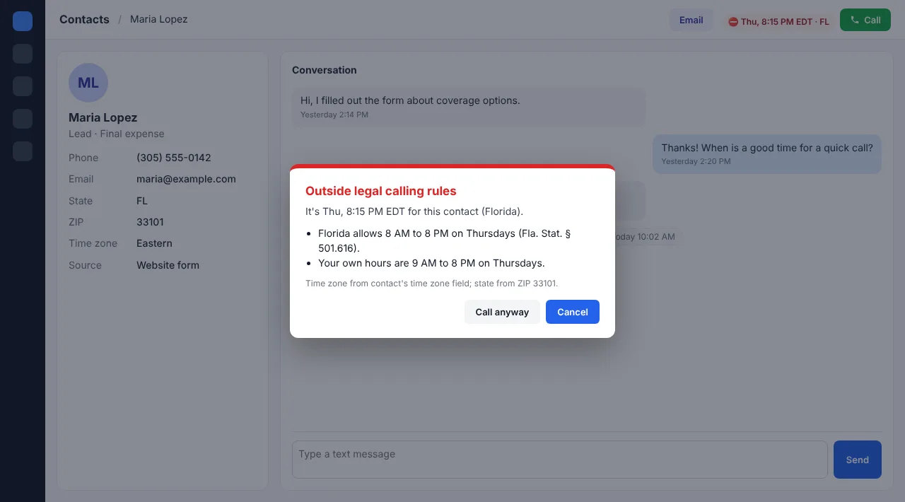Call Guard prompt in a CRM: Outside legal calling rules. It's Thursday 8:15 PM for this Florida contact; Florida allows calls 8 AM to 8 PM.